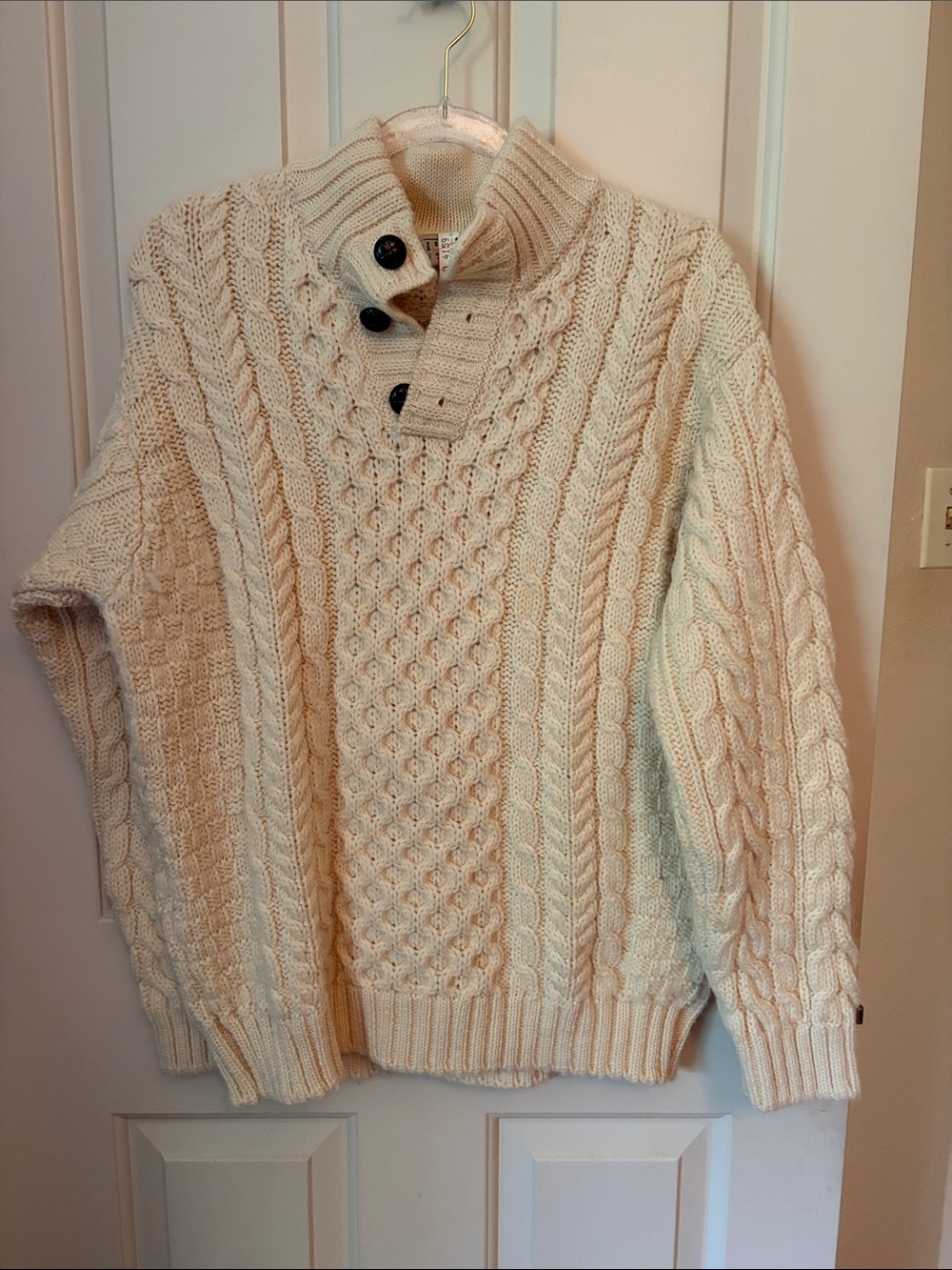 L.L. Bean Cream Cable-Knit Turtleneck Sweater with Button Placket
